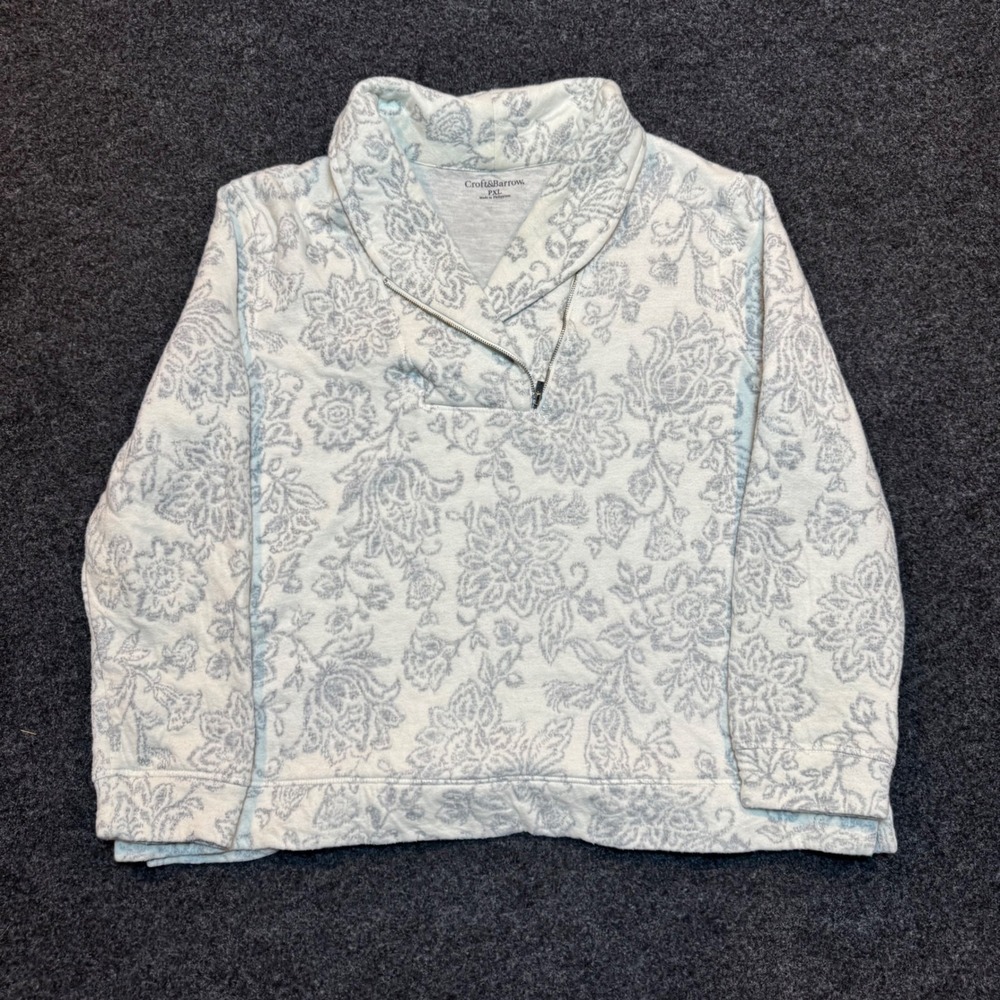 Croft & Barrow Floral Paisley Quarter Zip Pullover Sweatshirt Grey Cream PXL